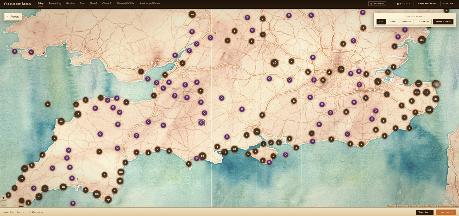 The Hidden Realm live map showing lore fragments and creature encounters scattered across southern Britain